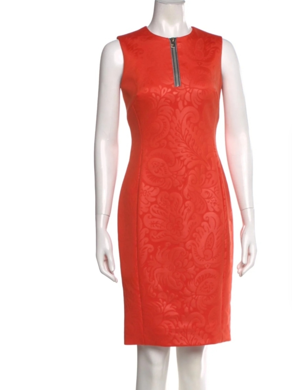 Versace Collection Coral-Red Zip-Front Midi Sheath Dress